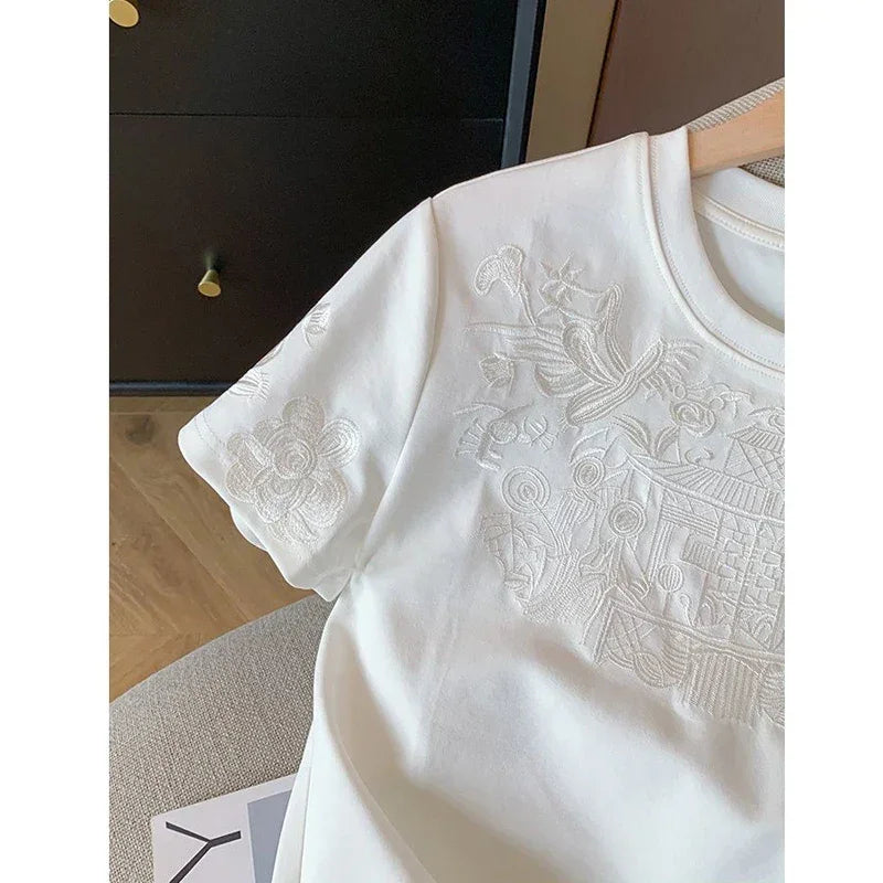 Blusa Casual de Algodão com Bordado Branco Lenogue