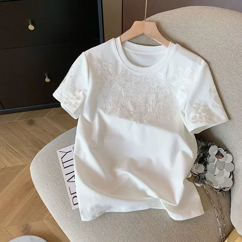Blusa Casual de Algodão com Bordado Branco Lenogue / p
