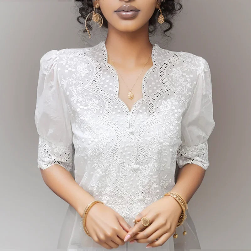 Blusa Casual em Algodão com Bordado e Manga Bufante Lenogue
