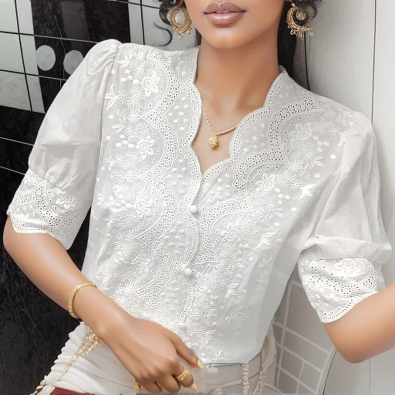 Blusa Casual em Algodão com Bordado e Manga Bufante Lenogue Branco / p