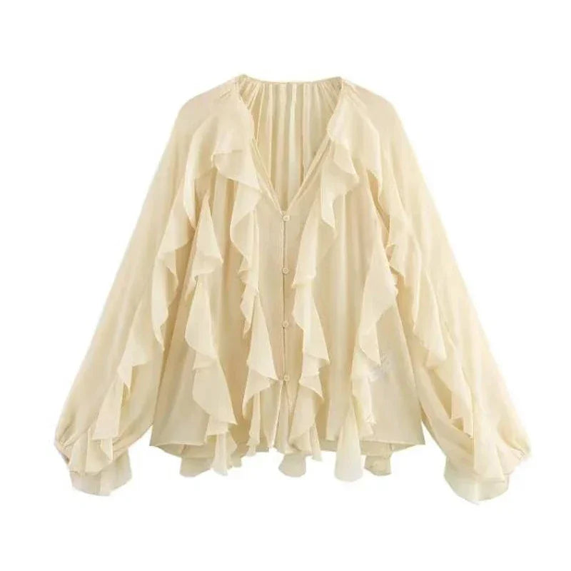 Blusa Casual em Chiffon com Babados e Manga Borboleta Lenogue