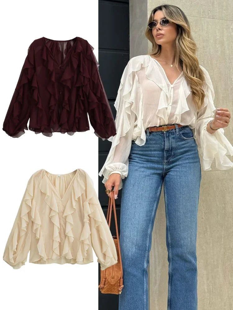 Blusa Casual em Chiffon com Babados e Manga Borboleta Lenogue