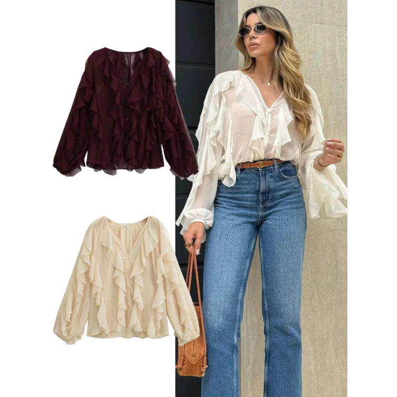 Blusa Casual em Chiffon com Babados e Manga Borboleta Lenogue