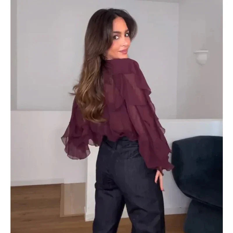 Blusa Casual em Chiffon com Babados e Manga Borboleta Lenogue