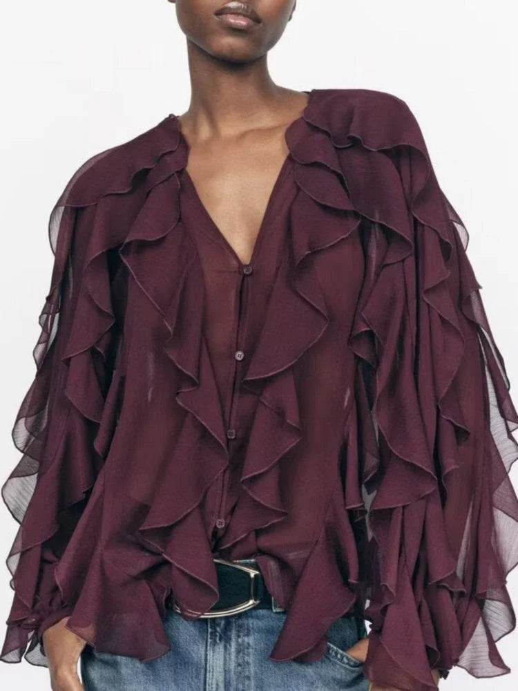 Blusa Casual em Chiffon com Babados e Manga Borboleta Lenogue