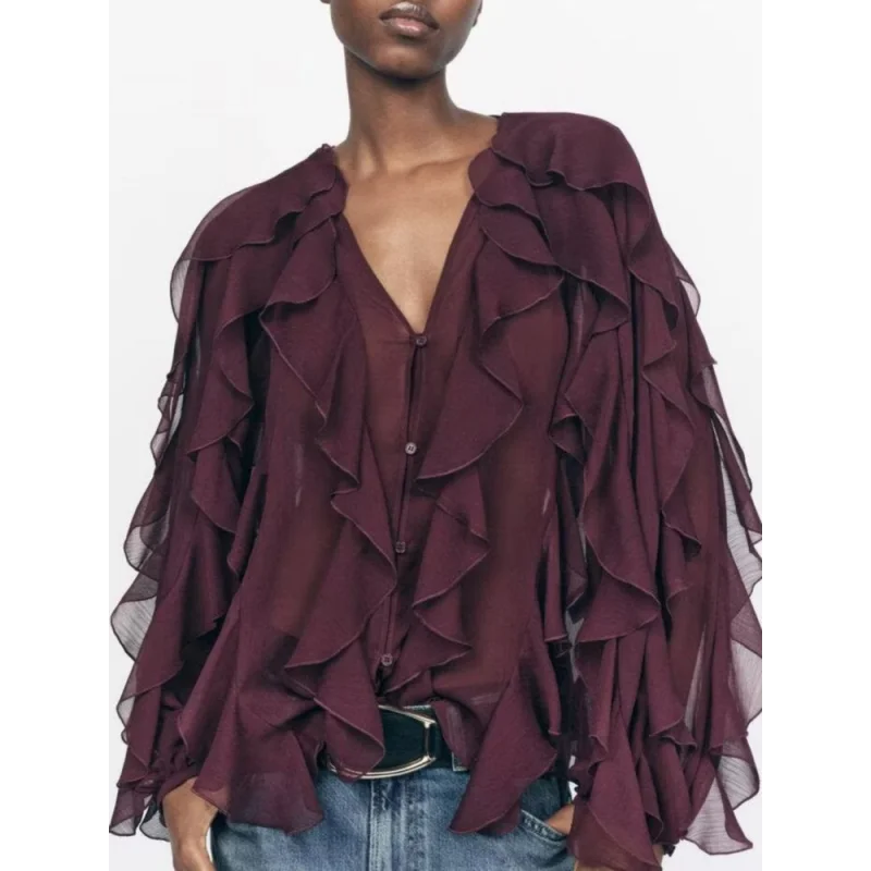 Blusa Casual em Chiffon com Babados e Manga Borboleta Lenogue