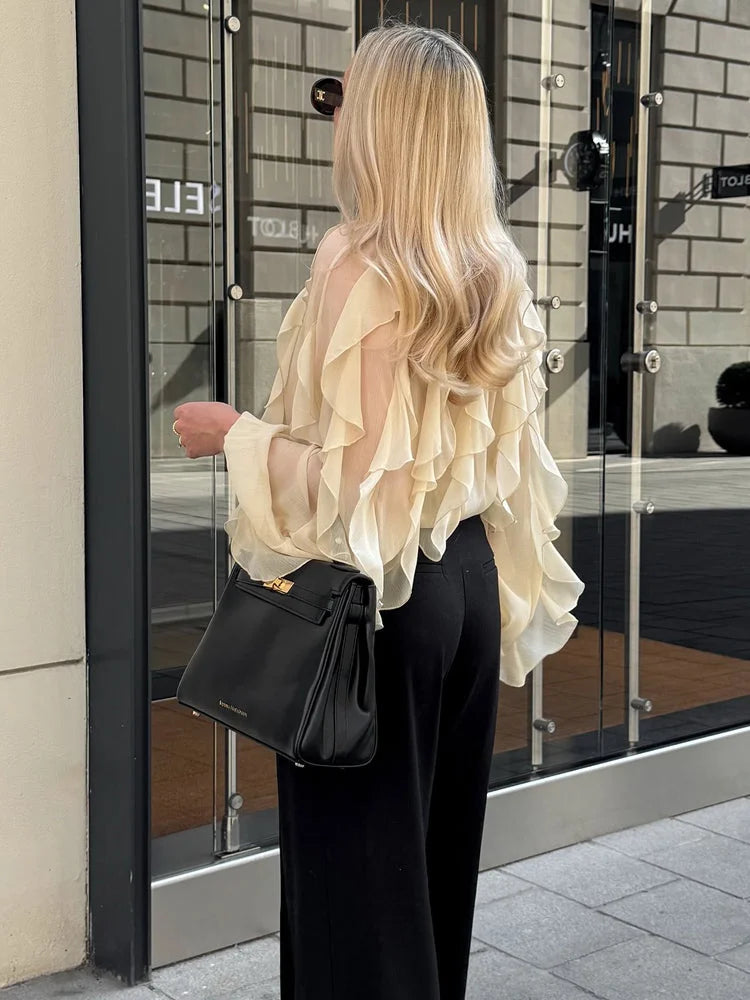 Blusa Casual em Chiffon com Babados e Manga Borboleta Lenogue