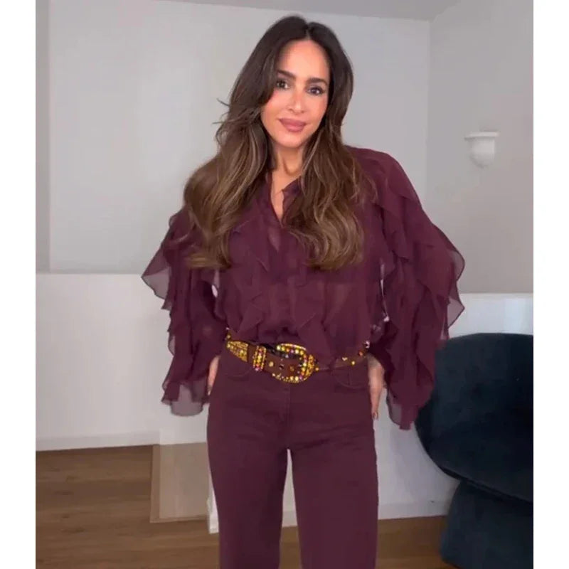 Blusa Casual em Chiffon com Babados e Manga Borboleta Lenogue