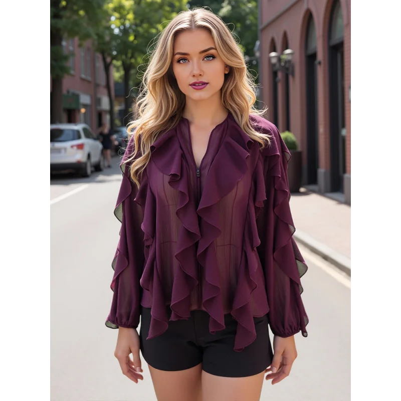 Blusa Casual em Chiffon com Babados e Manga Borboleta Lenogue