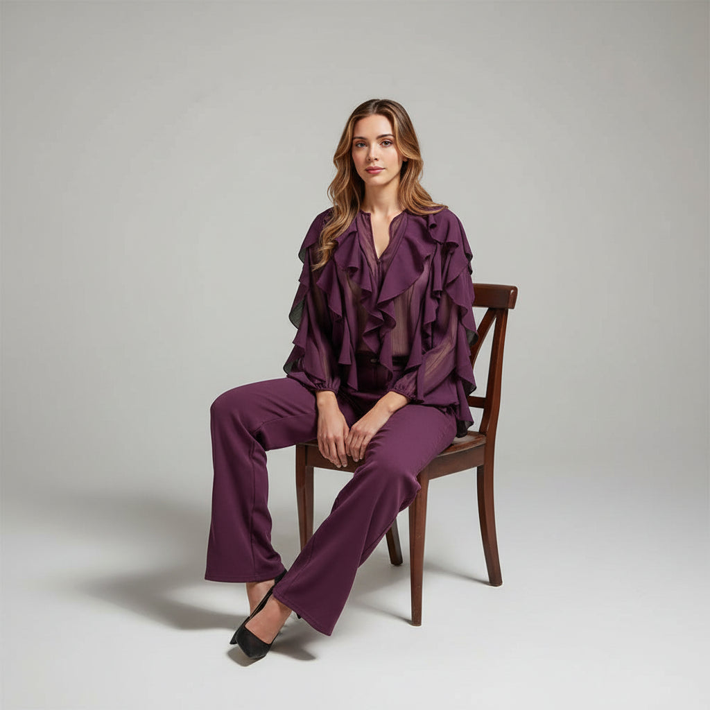 Blusa Casual em Chiffon com Babados e Manga Borboleta Lenogue Vermelho / Pp