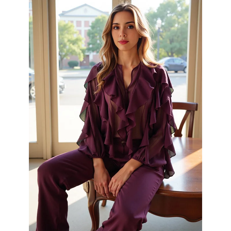 Blusa Casual em Chiffon com Babados e Manga Borboleta Lenogue Vermelho / Pp