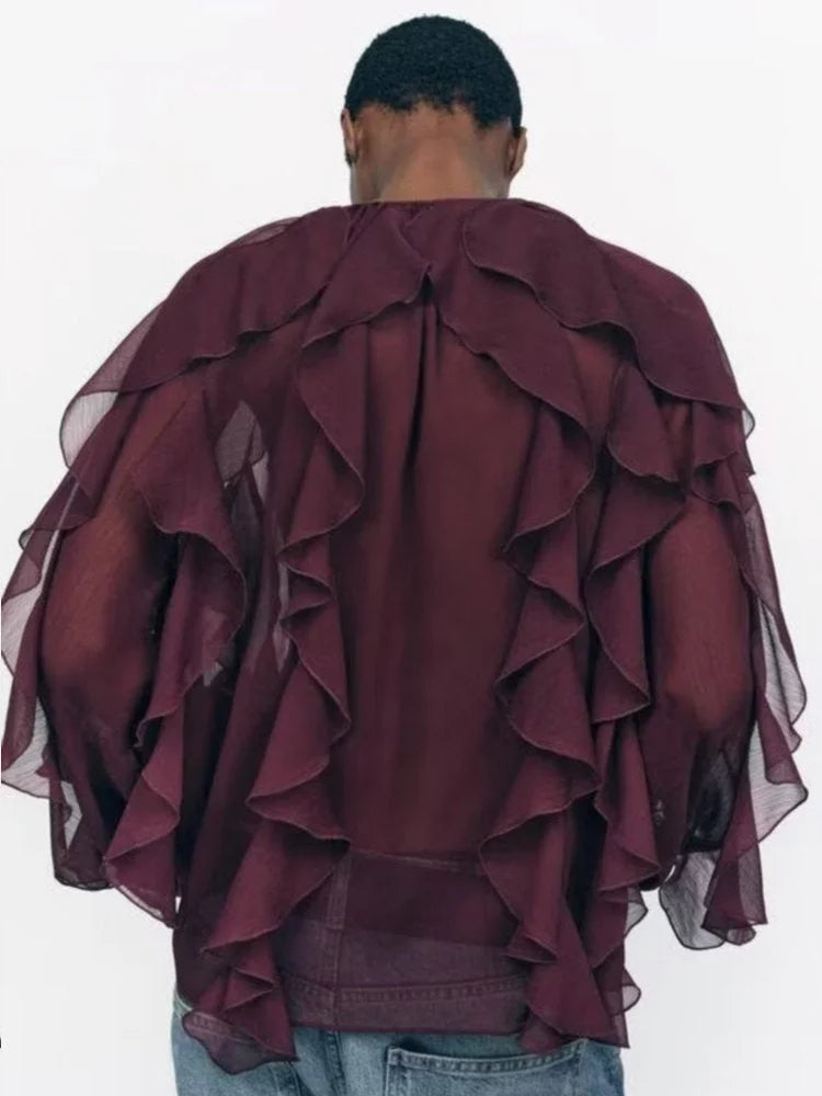 Blusa Casual em Chiffon com Babados e Manga Borboleta Lenogue