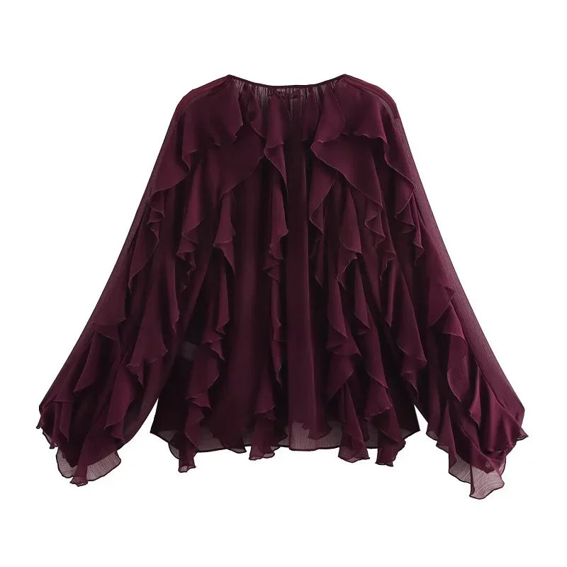 Blusa Casual em Chiffon com Babados e Manga Borboleta Lenogue