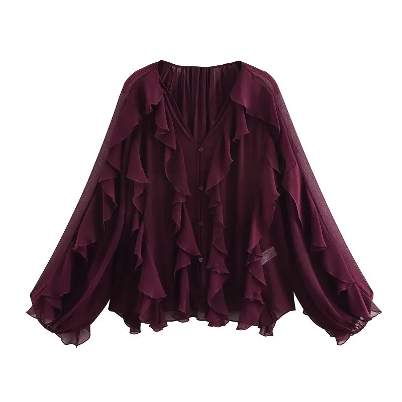 Blusa Casual em Chiffon com Babados e Manga Borboleta Lenogue
