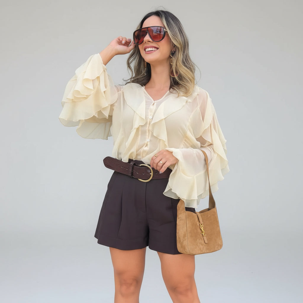 Blusa Casual em Chiffon com Babados e Manga Borboleta Lenogue Bege / Pp