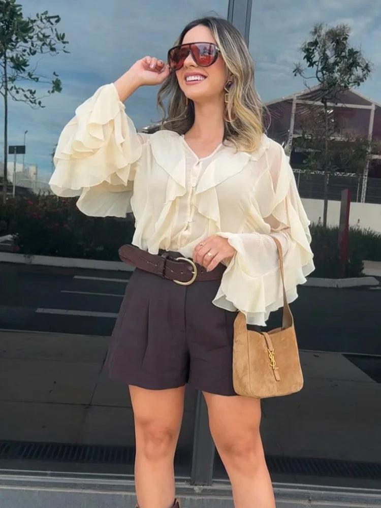 Blusa Casual em Chiffon com Babados e Manga Borboleta Lenogue Bege / Pp