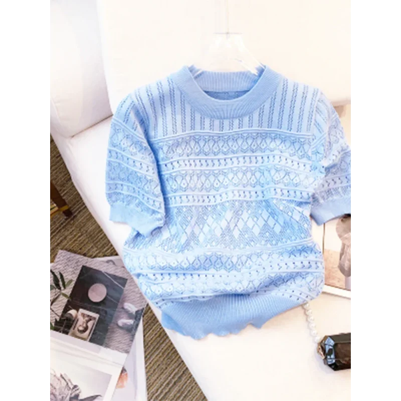 Blusa Casual em Tricot Vazado com Gola Redonda Lenogue Azul / único (53 Cm)