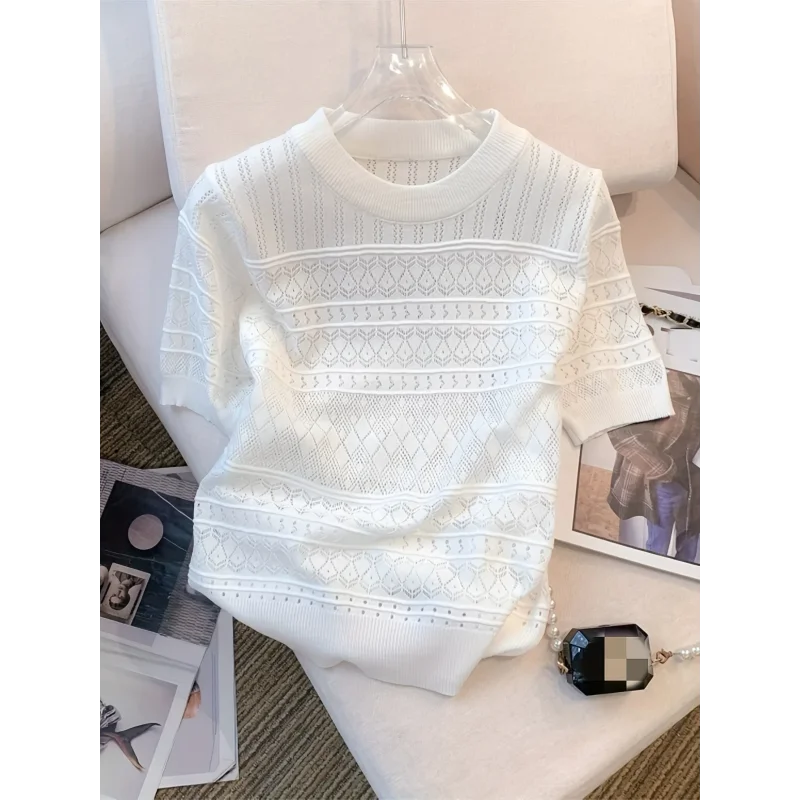 Blusa Casual em Tricot Vazado com Gola Redonda Lenogue Branco / único (53 Cm)
