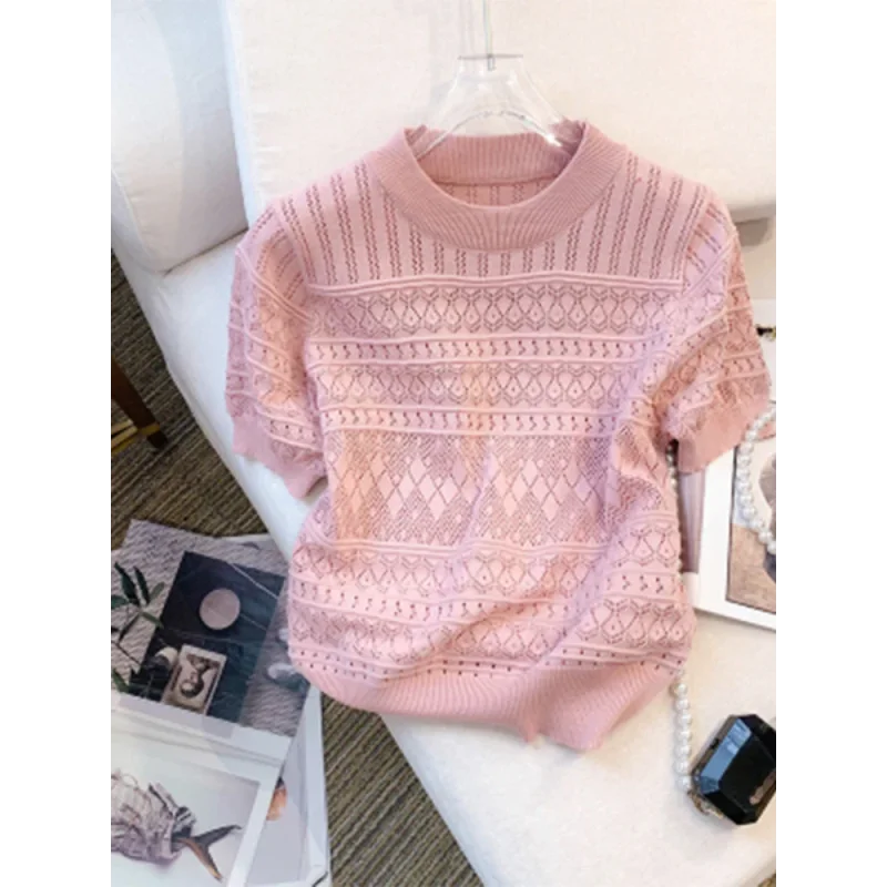 Blusa Casual em Tricot Vazado com Gola Redonda Lenogue Rosa / único (53 Cm)