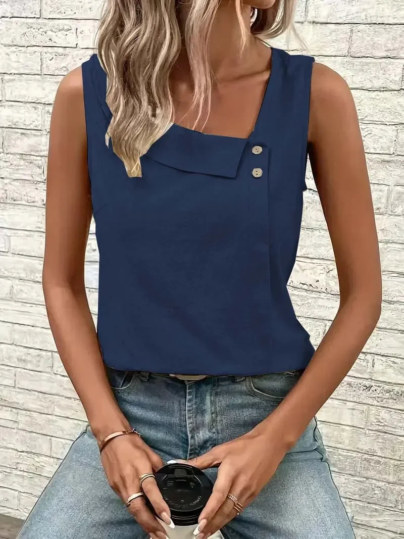 Blusa Casual Regata com Gola Assimétrica Lenogue