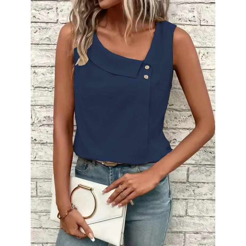 Blusa Casual Regata com Gola Assimétrica Lenogue Azul / p