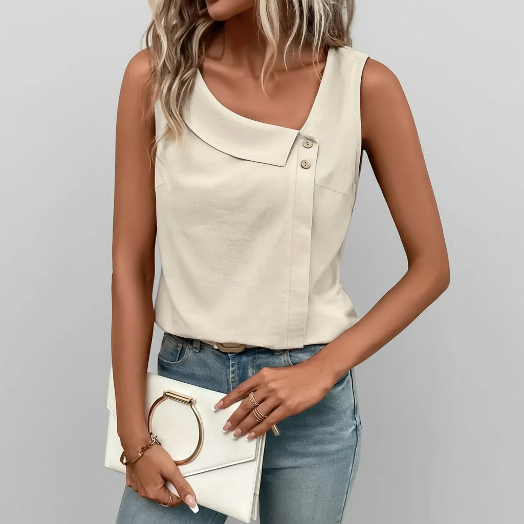 Blusa Casual Regata com Gola Assimétrica Lenogue Bege / p