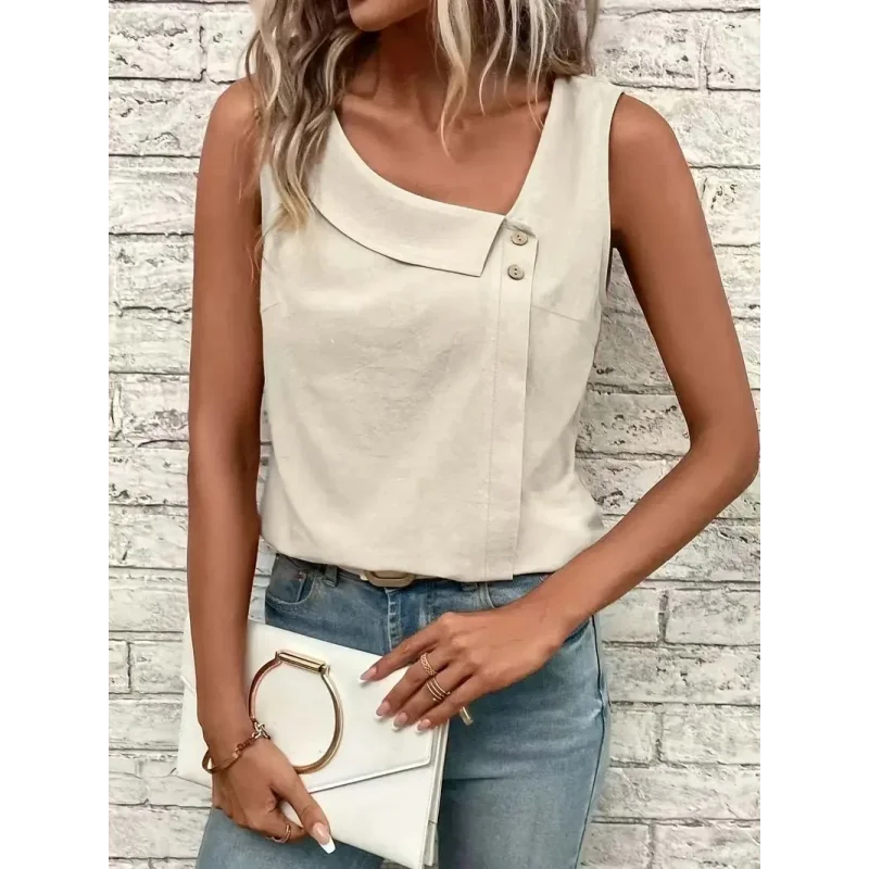 Blusa Casual Regata com Gola Assimétrica Lenogue Bege / p