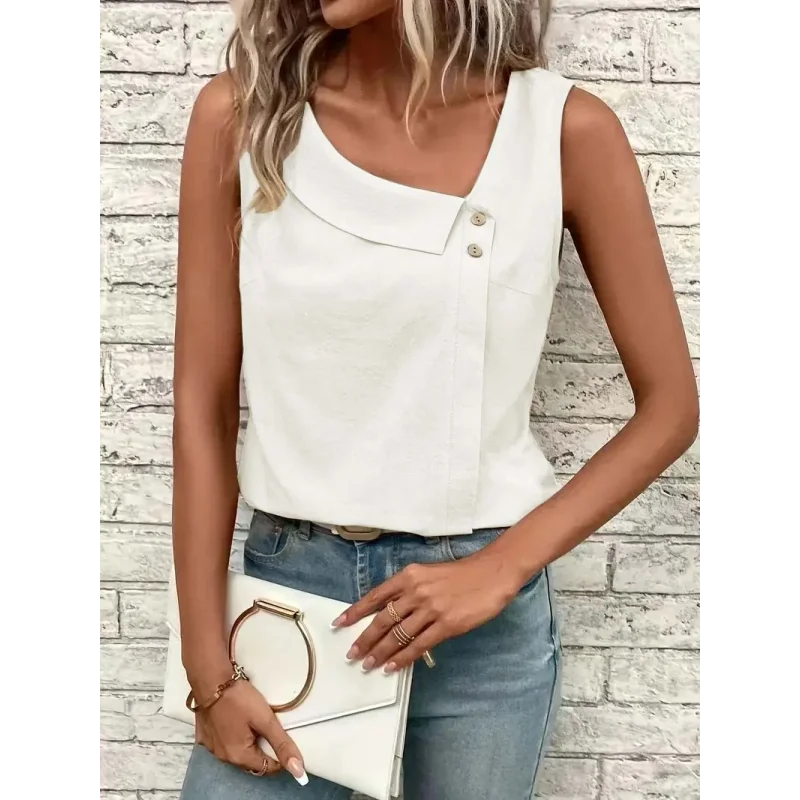 Blusa Casual Regata com Gola Assimétrica Lenogue Branco / p