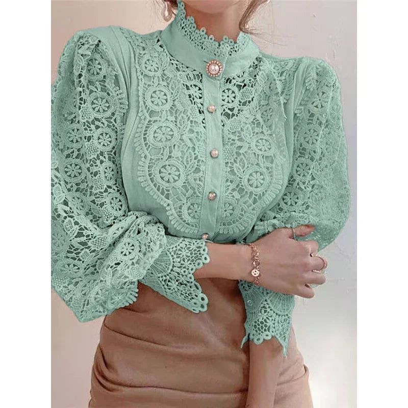 Blusa de Algodão com Renda Gola Alta para Escritório Lenogue