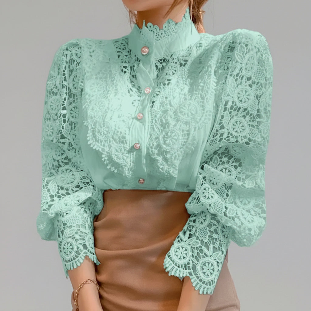 Blusa de Algodão com Renda Gola Alta para Escritório Lenogue Verde / p