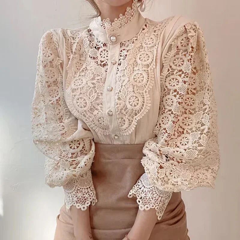 Blusa de Algodão com Renda Gola Alta para Escritório Lenogue Bege / m