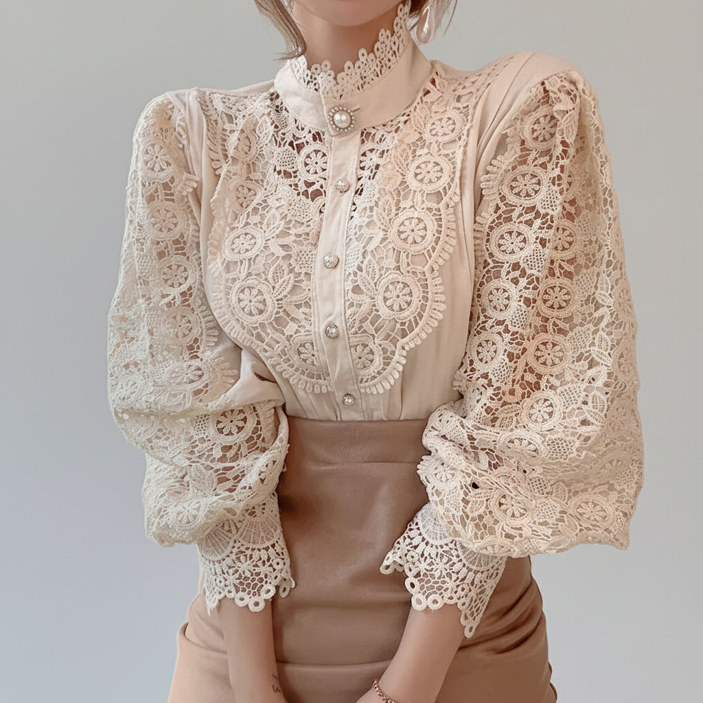 Blusa de Algodão com Renda Gola Alta para Escritório Lenogue Bege / p