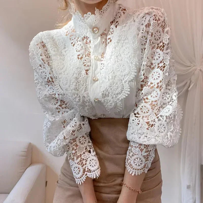 Blusa de Algodão com Renda Gola Alta para Escritório Lenogue Branco / m