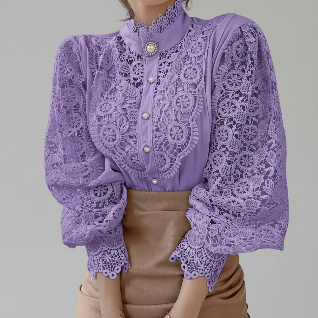 Blusa de Algodão com Renda Gola Alta para Escritório Lenogue Roxo / p