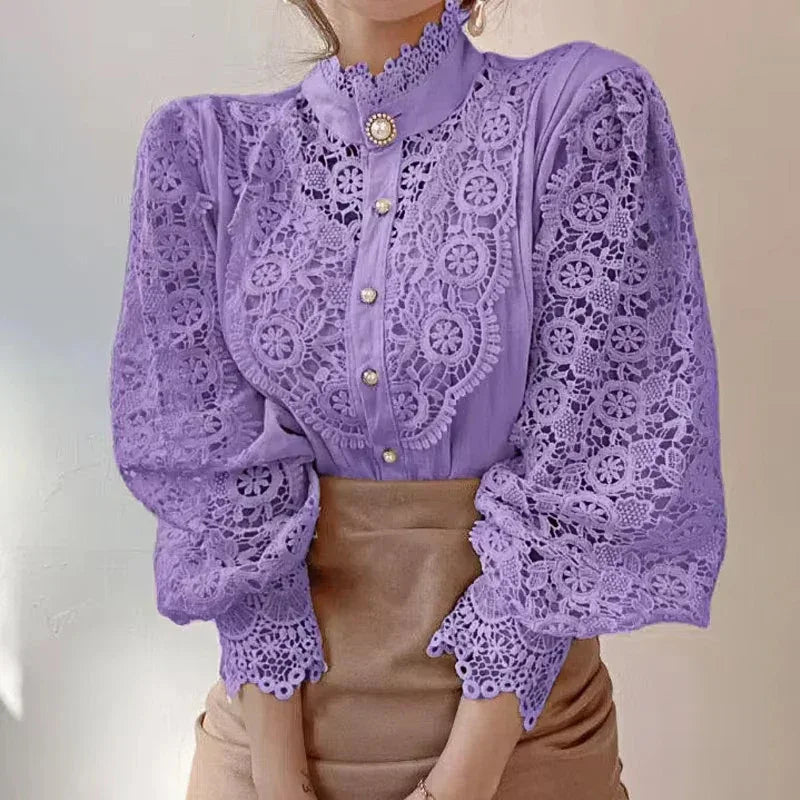 Blusa de Algodão com Renda Gola Alta para Escritório Lenogue Roxo / p