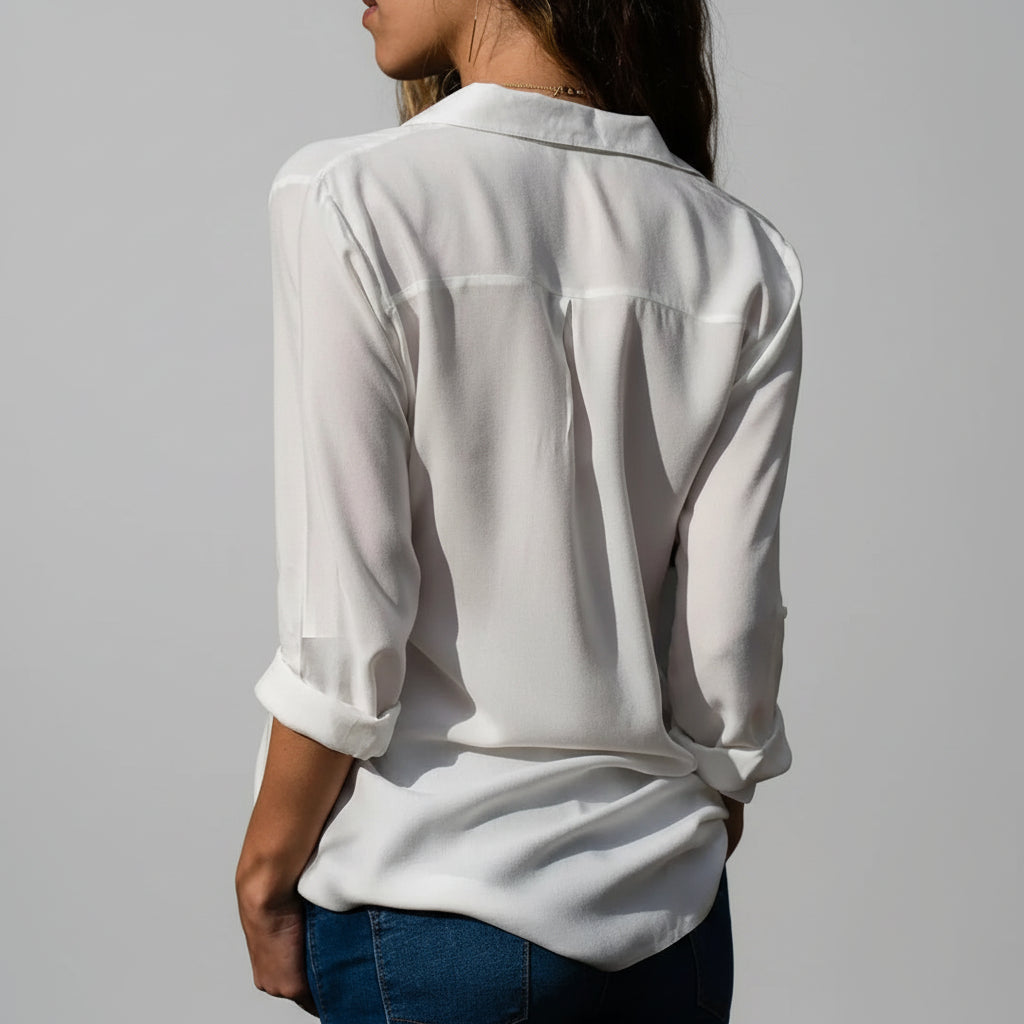 Blusa de Chiffon Gola v Manga Longa Modelagem Solta Lenogue