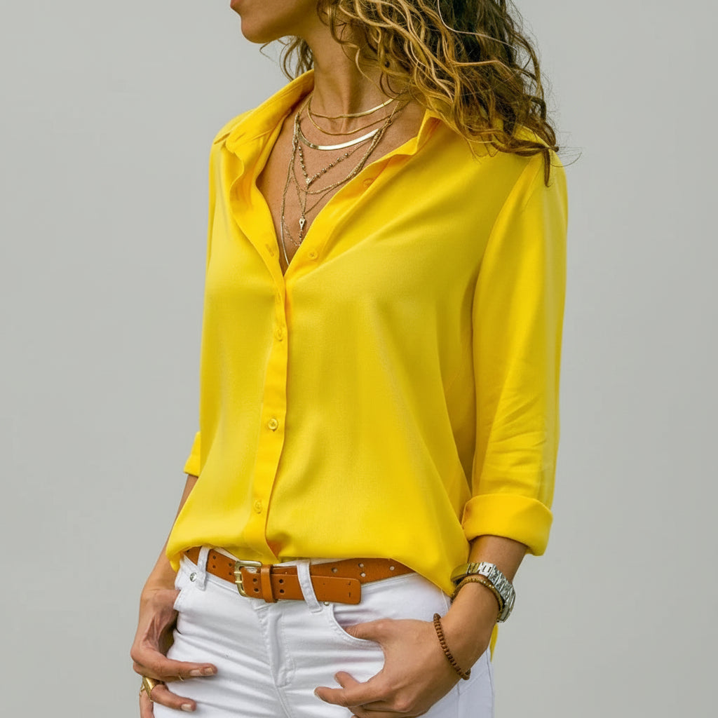 Blusa de Chiffon Gola v Manga Longa Modelagem Solta Lenogue Amarelo / p