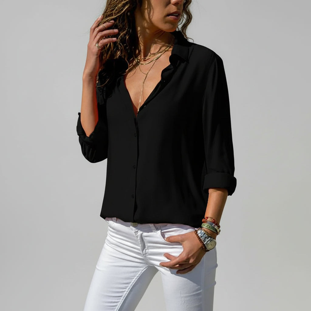 Blusa de Chiffon Gola v Manga Longa Modelagem Solta Lenogue Preto / p