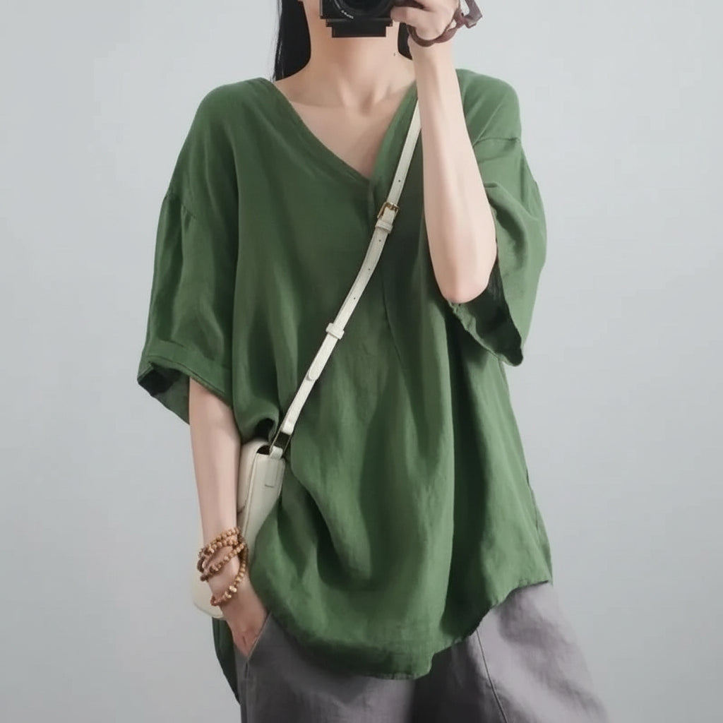 Blusa de Chiffon Gola v Modelagem Solta Manga Três Quartos Lenogue Verde / m