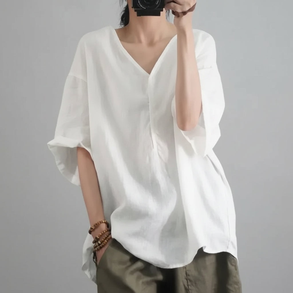 Blusa de Chiffon Gola v Modelagem Solta Manga Três Quartos Lenogue Branco / m