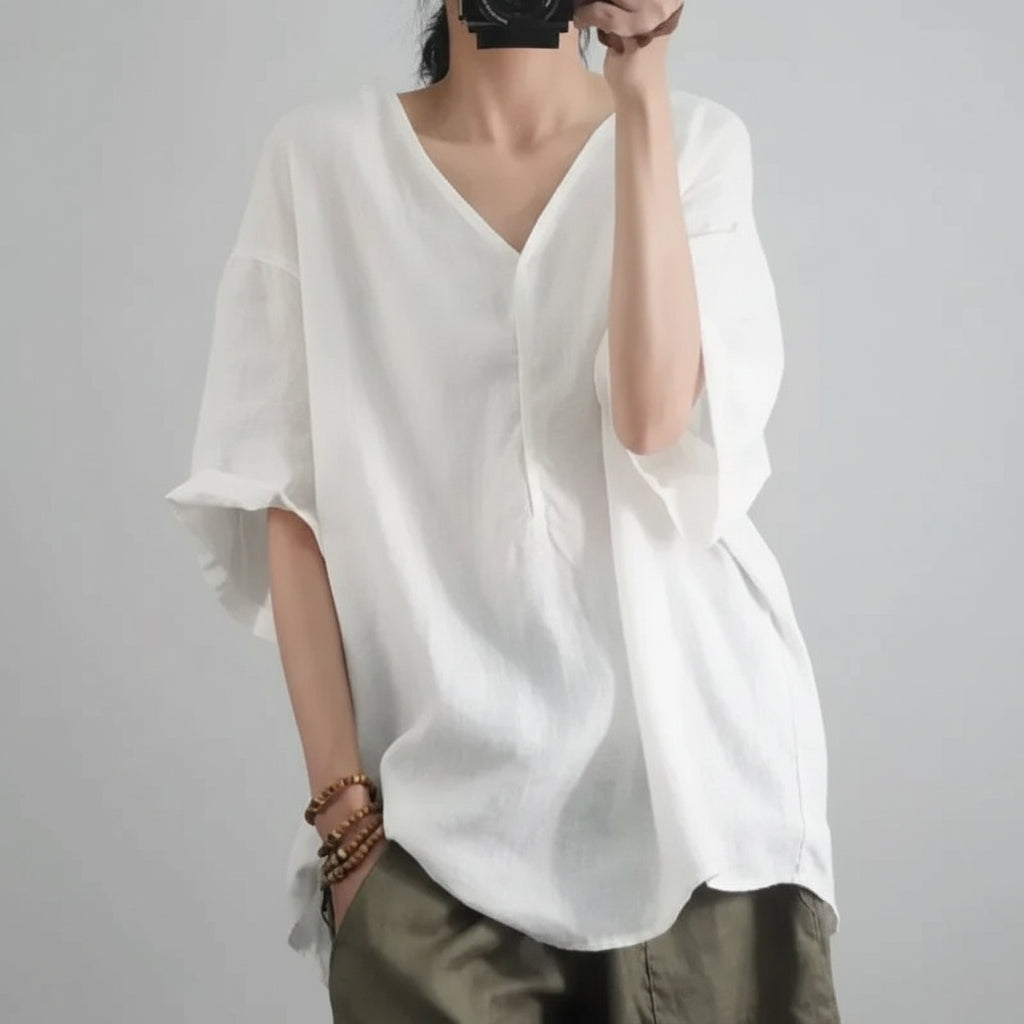 Blusa de Chiffon Gola v Modelagem Solta Manga Três Quartos Lenogue