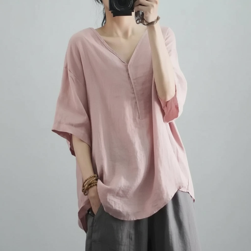 Blusa de Chiffon Gola v Modelagem Solta Manga Três Quartos Lenogue Rosa / m