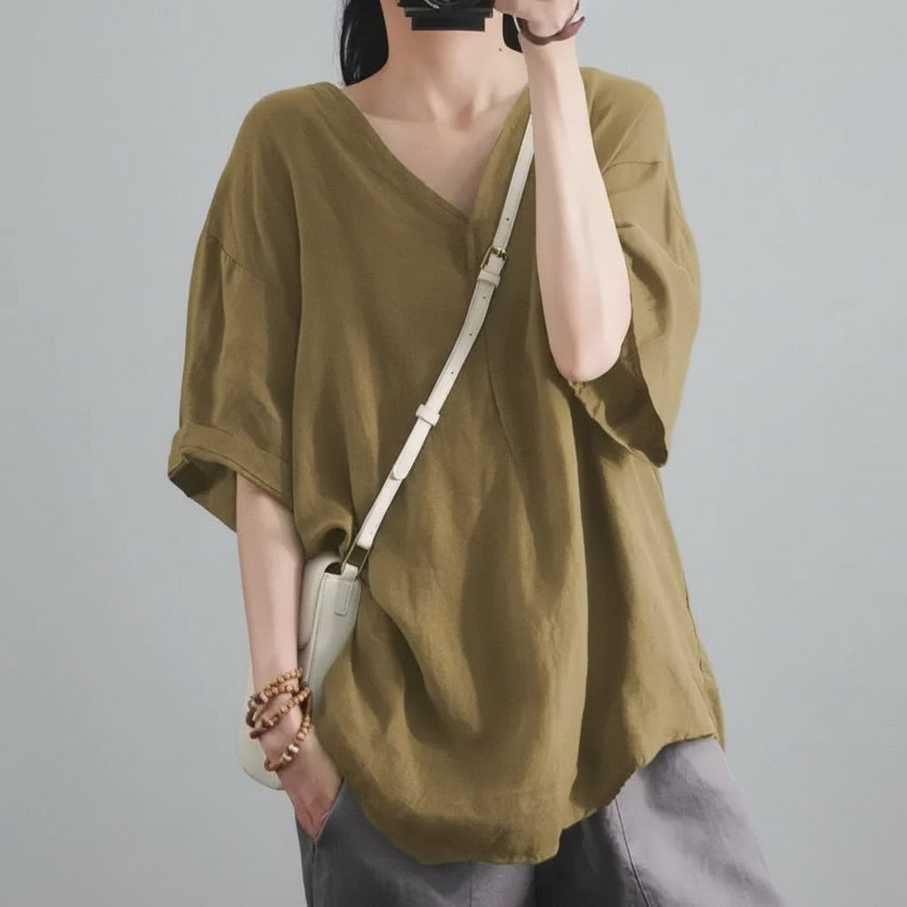 Blusa de Chiffon Gola v Modelagem Solta Manga Três Quartos Lenogue Caqui / m