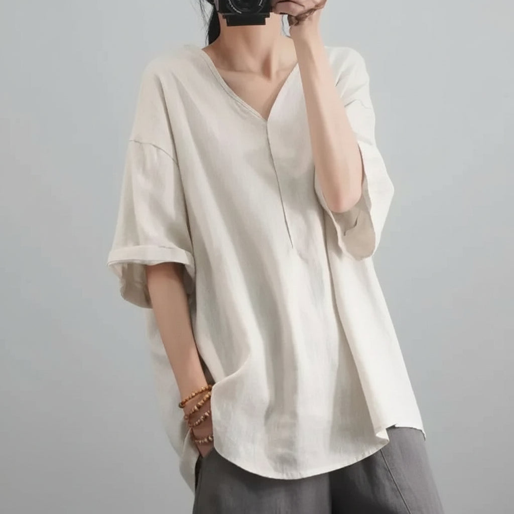 Blusa de Chiffon Gola v Modelagem Solta Manga Três Quartos Lenogue Bege / m