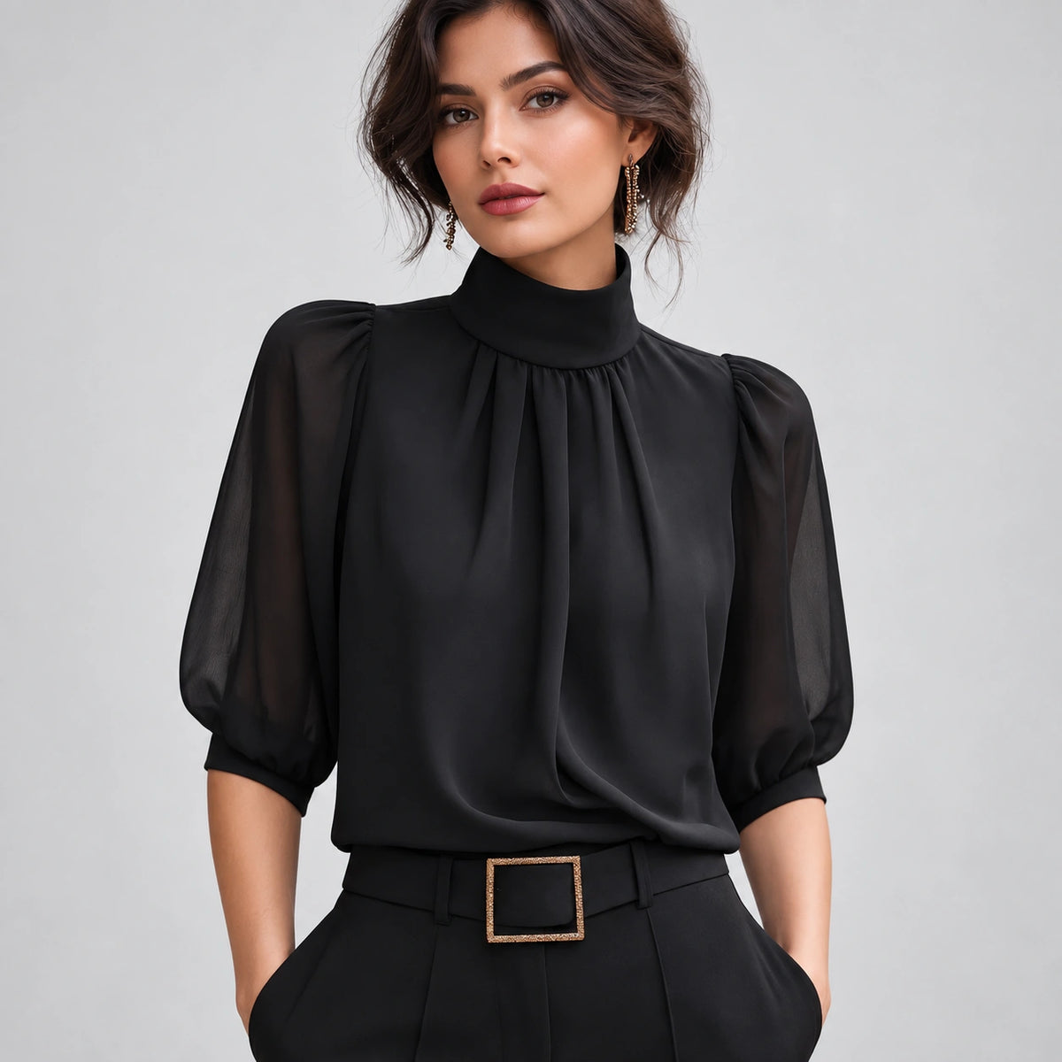 Blusa de Gola Alta e Manga Bufante Allure Lenogue