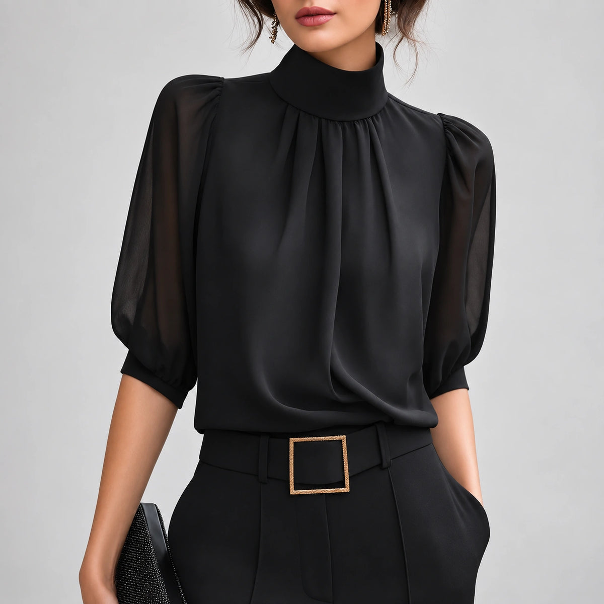 Blusa de Gola Alta e Manga Bufante Allure Lenogue