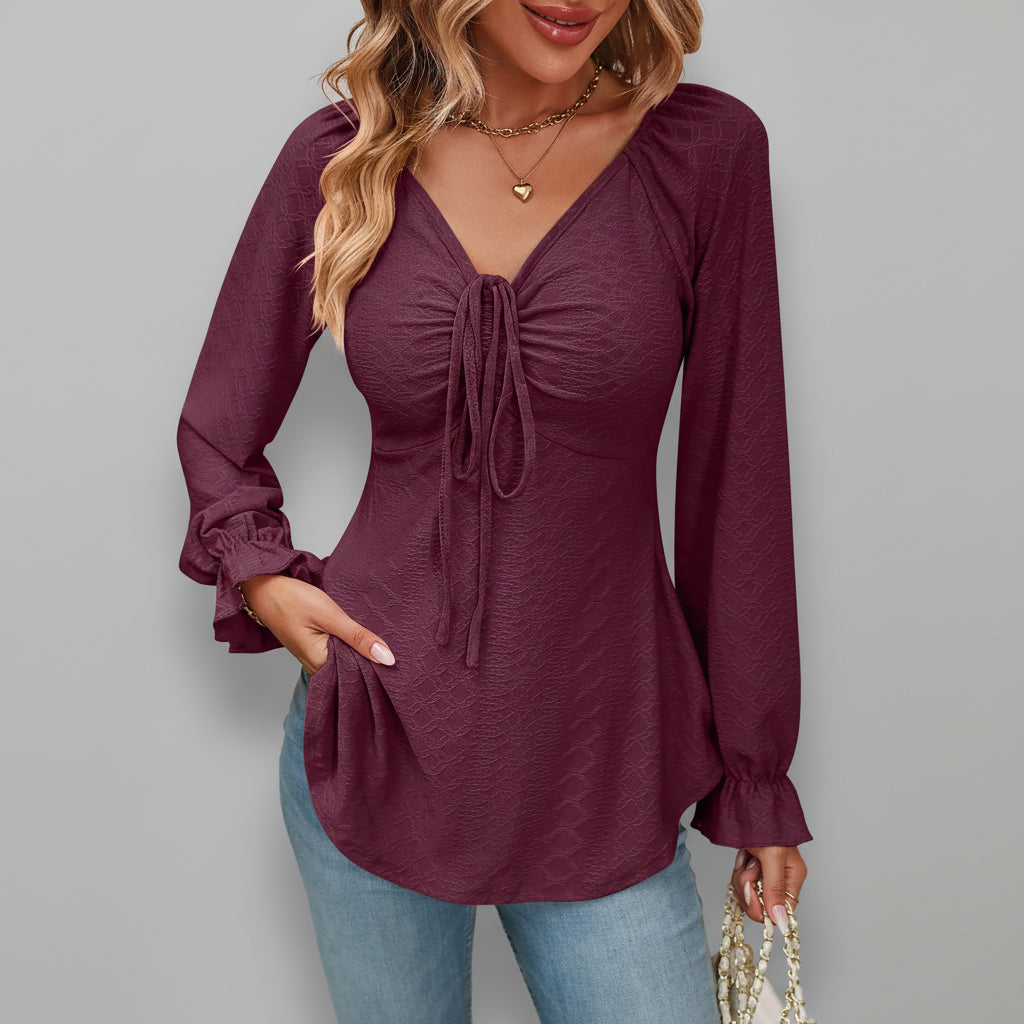 Blusa de Malha com Elastano Gola v Amarração na Cintura Lenogue Vermelho / p