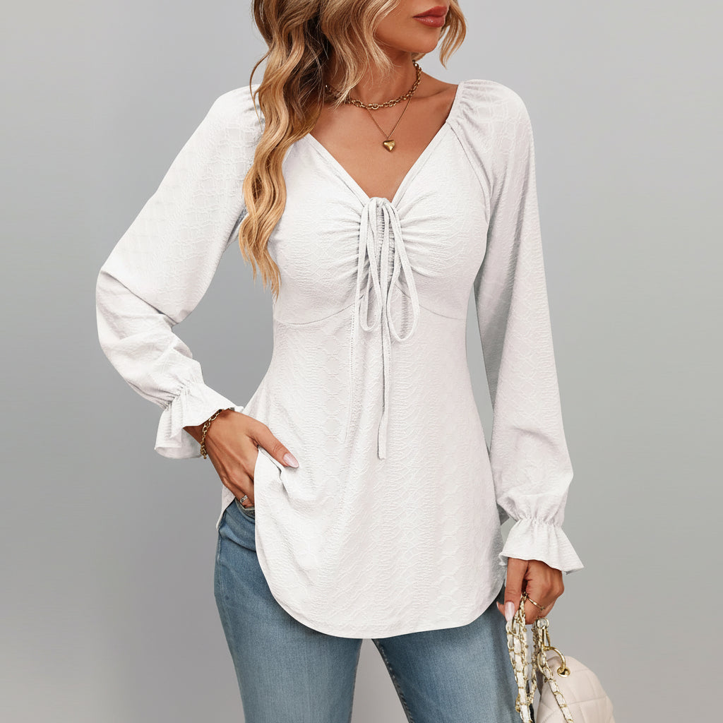 Blusa de Malha com Elastano Gola v Amarração na Cintura Lenogue Branco / p