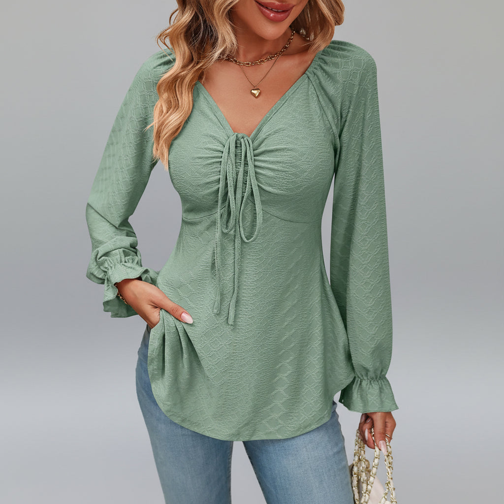 Blusa de Malha com Elastano Gola v Amarração na Cintura Lenogue Verde / p