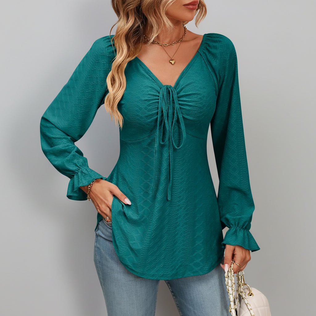 Blusa de Malha com Elastano Gola v Amarração na Cintura Lenogue Azul / p